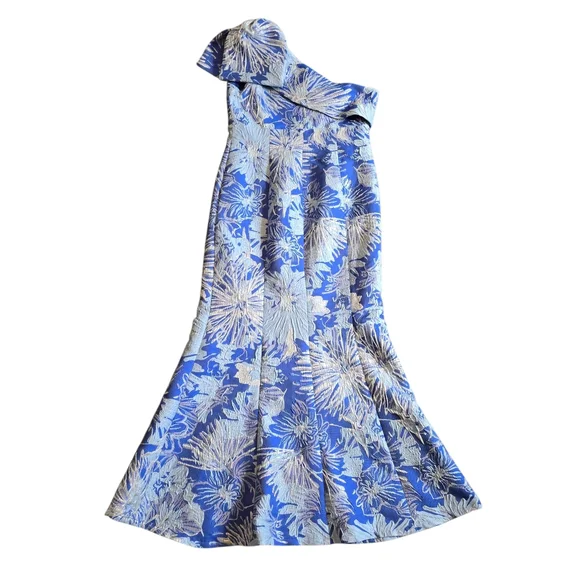 Donna Karan Floral Brocade One Shoulder Bow Gown Dazzling Blue Multi 8 - Picture 5 of 10